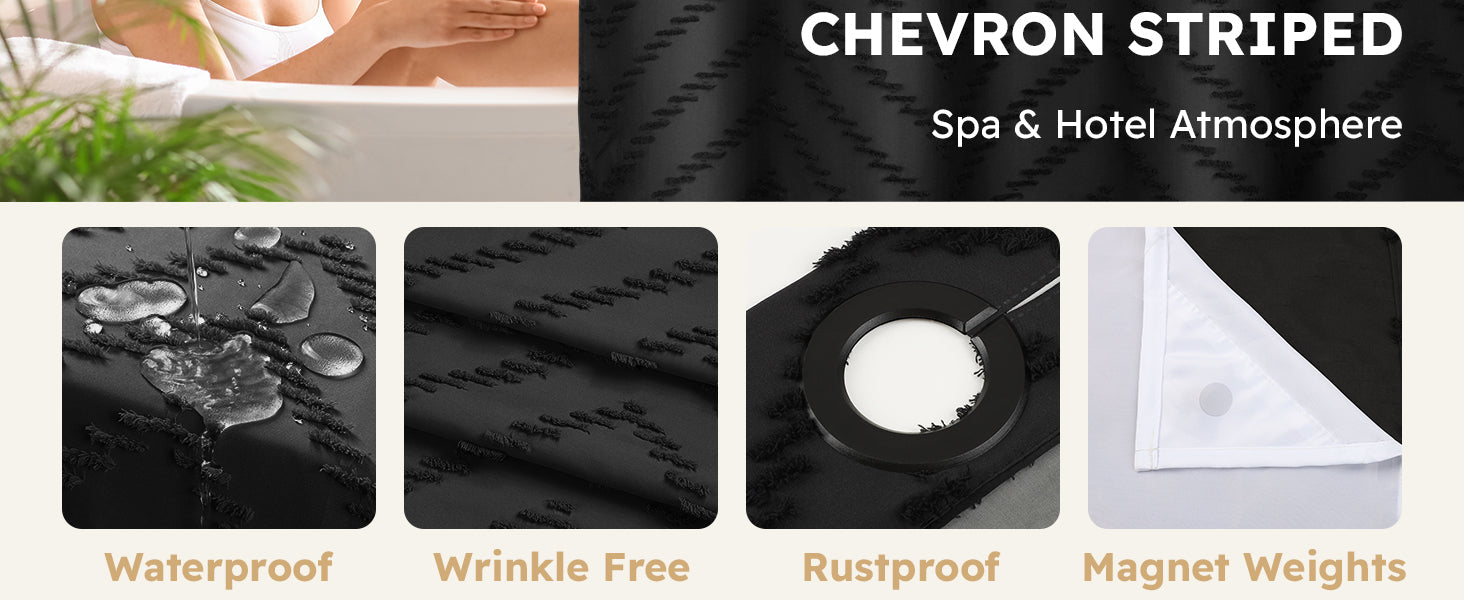 No Hook Shower Curtain and Liner Set, Black Snap in Shower Curtain Ringless Chevron Tufted Cloth Waterproof Washable Fabric Bath Curtain with See Through Top Window for Bathroom Hotel 71" x 74"