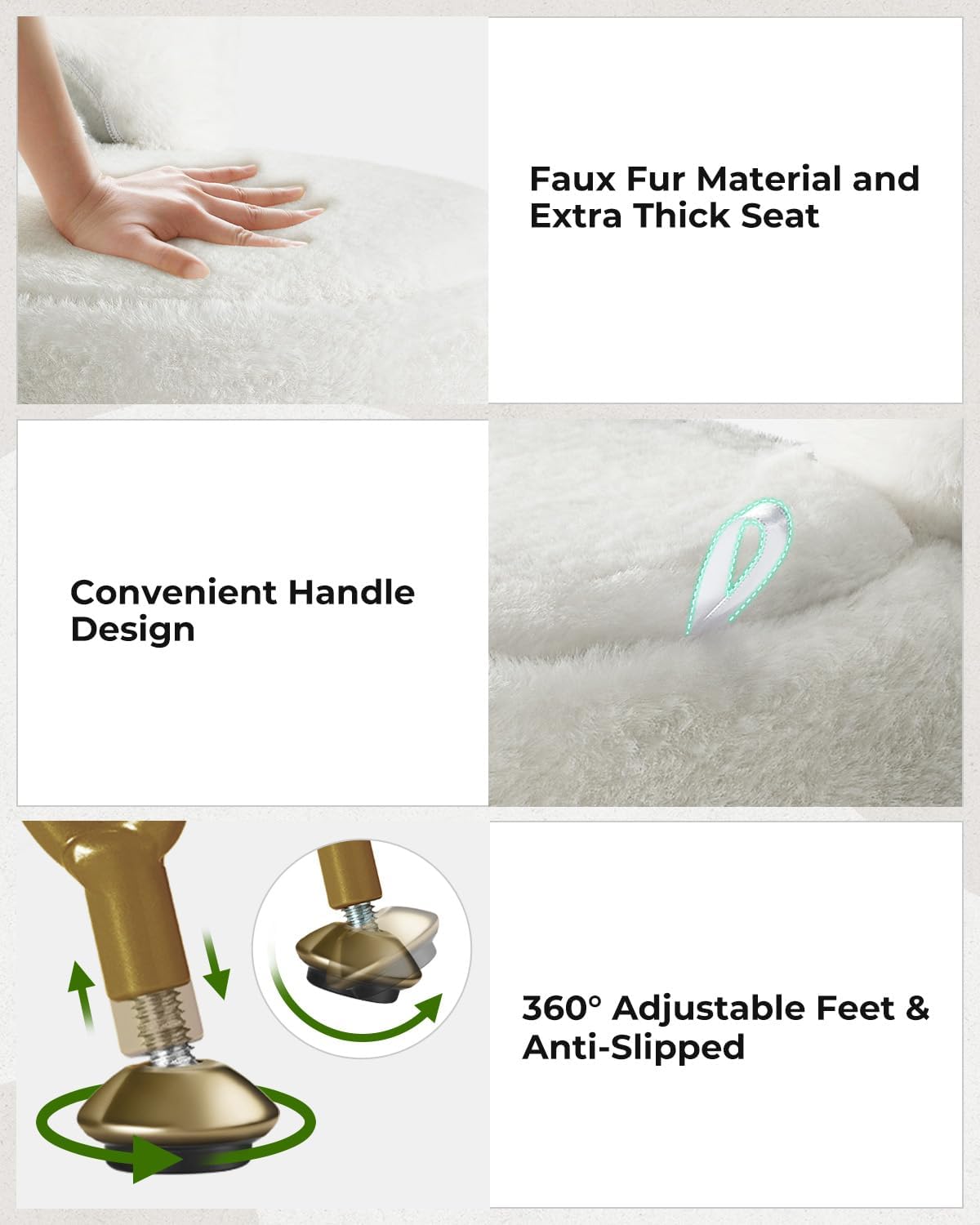 Small Vanity Stool Chair with Storage and Folding Back, 13" x 13" x 17.7" Faux Fur Soft Ottoman for Teenager, 4 Metal Legs with Anti-Slip Feet, Furry Padded Seat for Makeup, Bedroom, White
