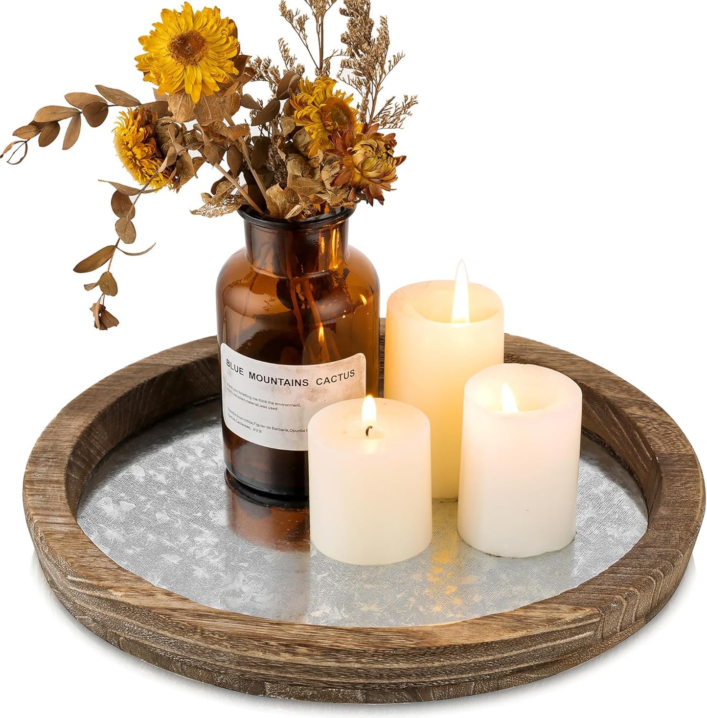 Candle Plate Holder Tray: Round Wood Decorative Candle Plate - Rustic Farmhouse CoffeeTable Decor - Tealight Pillar Trays for Home Decor (Distressed)