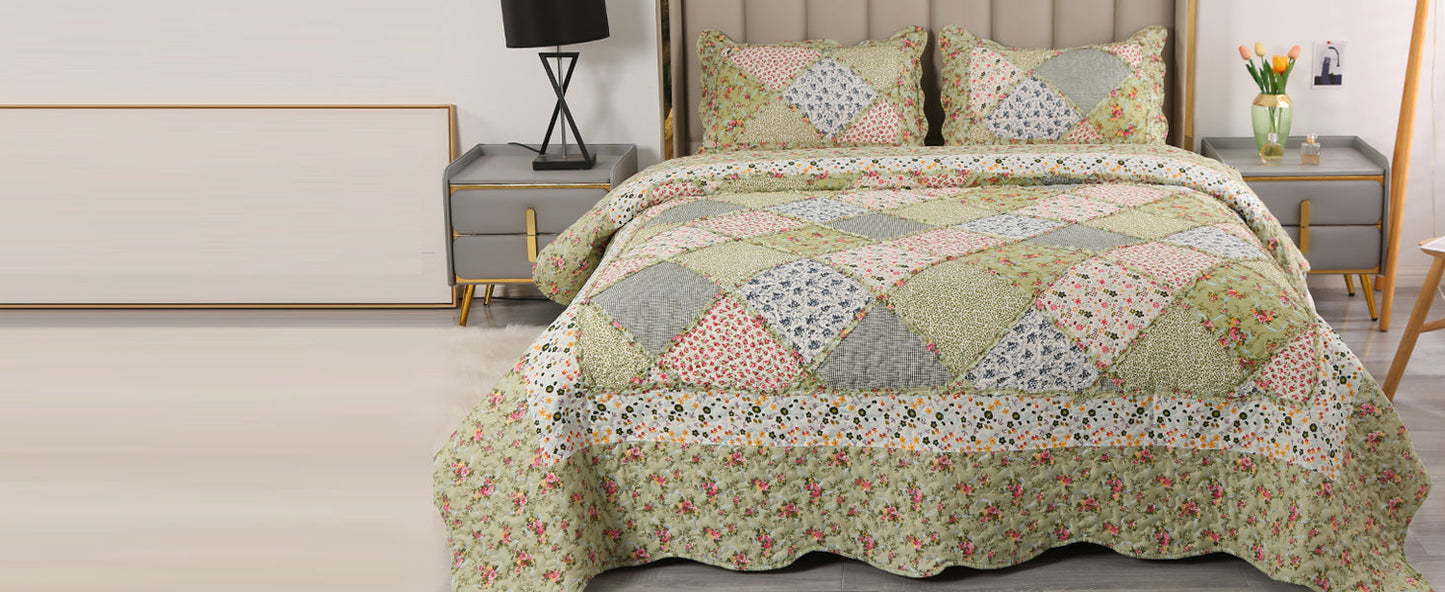 Blue Floral Patchwork Quilt Set, Full Queen Size, 3 Piece Bedding Set with 2 Pillowcases | Blue Patchwork Quilt, Queen Size Bedspread, Reversible Quilt Set, Floral Quilt Set, Patchwork Quilt Set, Queen Comforter Set
