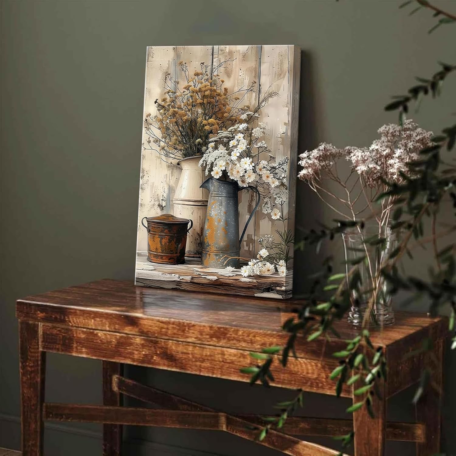 Farmhouse Rustic Daisy Canvas Wall Art Vintage Country Floral Posters Print White Jasmine Flowers and Rust Color Watering Can Wall Decor Picture for Living Room Bedroom Bathroom Decoration