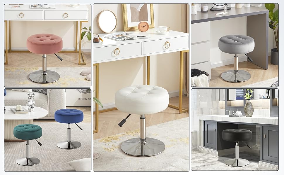 White Vanity Chair for Makeup Room Round Ottoman Tufted PU Leather Makeup Chair Vanity Stools for Bathroom Height Adjustable 360 Swivel