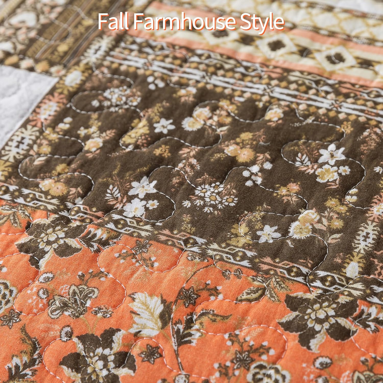 Farmhouse Cotton Quilts Queen Size for Fall - Lightweight Patchwork Autumn Bedspread Set for Bed Coverlet - Highly-Woven Soft Reversible Bed Spread for All Seasons (Floral Orange) 3 Pieces