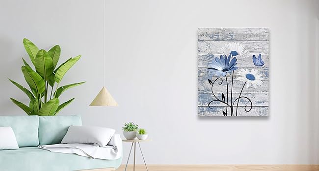 Farmhouse Floral Wall Art for Living Room, Blue and White Daisy Flower and Butterfly on Rustic Wood Board Canvas Wall Art Framed Artwork Ready to Hang for Bathroom Bedroom Decor, 16L X 12W