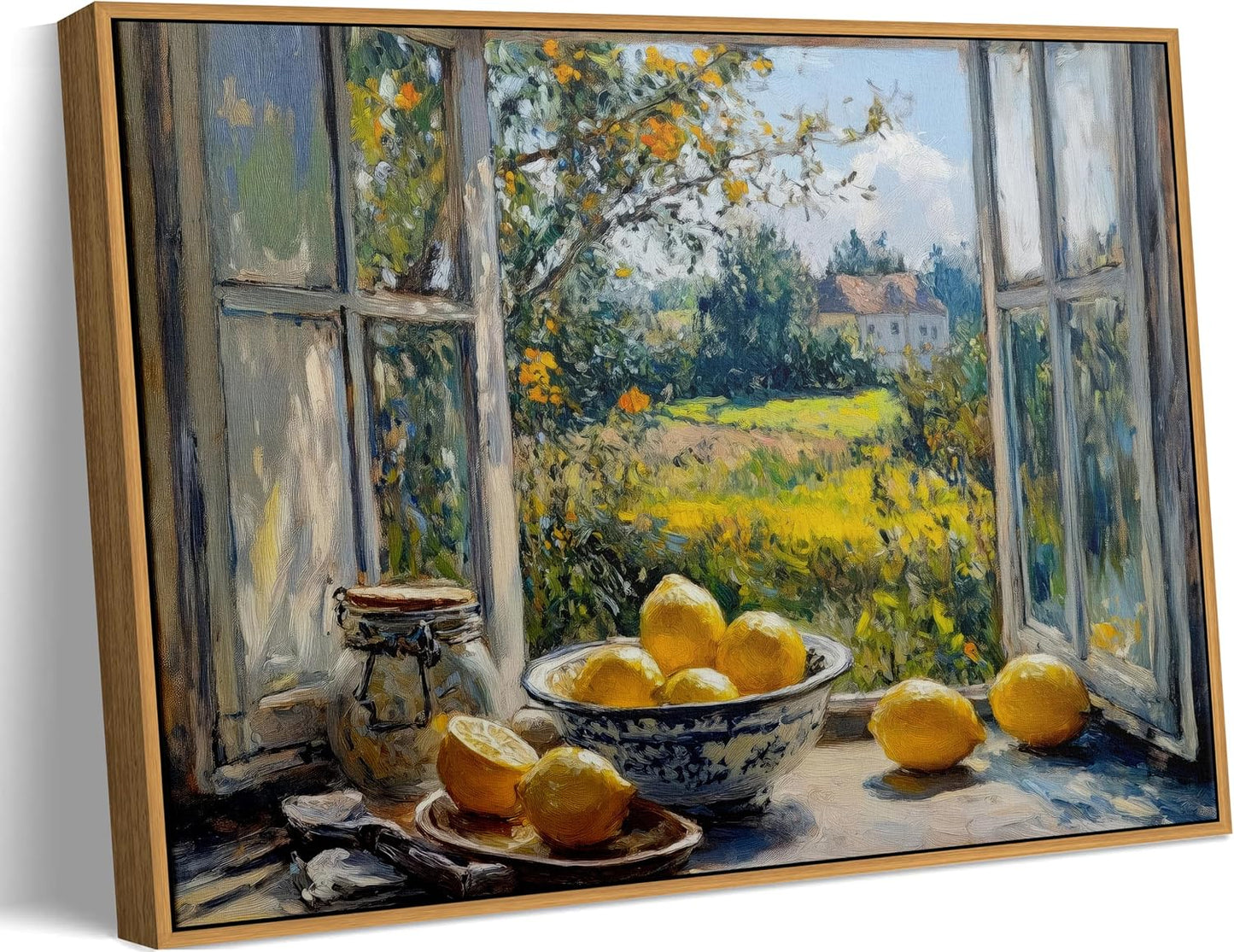 Framed Rustic Farmhouse Wildflowers Wall Art Vintage Wildflower Field Landscape Painting Retro Country Sunset Prints Wall Decor Classical Flower Landscape Painting for Living Room Bedroom 12x16 Inch