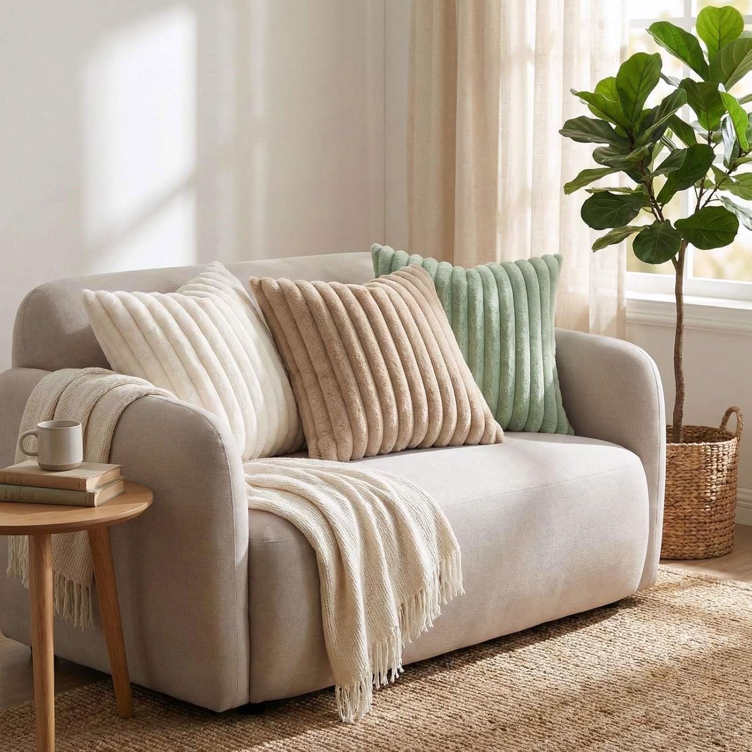 Pallene Faux Fur Plush Throw Pillow Covers 18x18 Set of 2, Luxury Soft Fluffy Striped Decorative Pillow Covers for Sofa, Couch, Living Room, Cream White