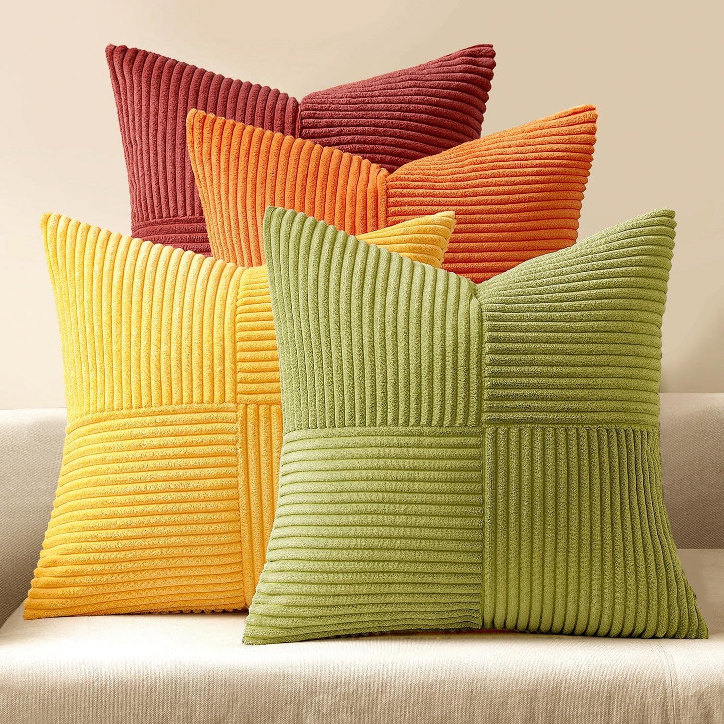 MIULEE Teal Orange Decorative Throw Pillow Covers 18x18 Inch Set of 4 Boho Corduroy Striped Cushion Cases Modern Farmhouse Patchwork Pillow Cases for Couch Sofa Bedroom Home Decor
