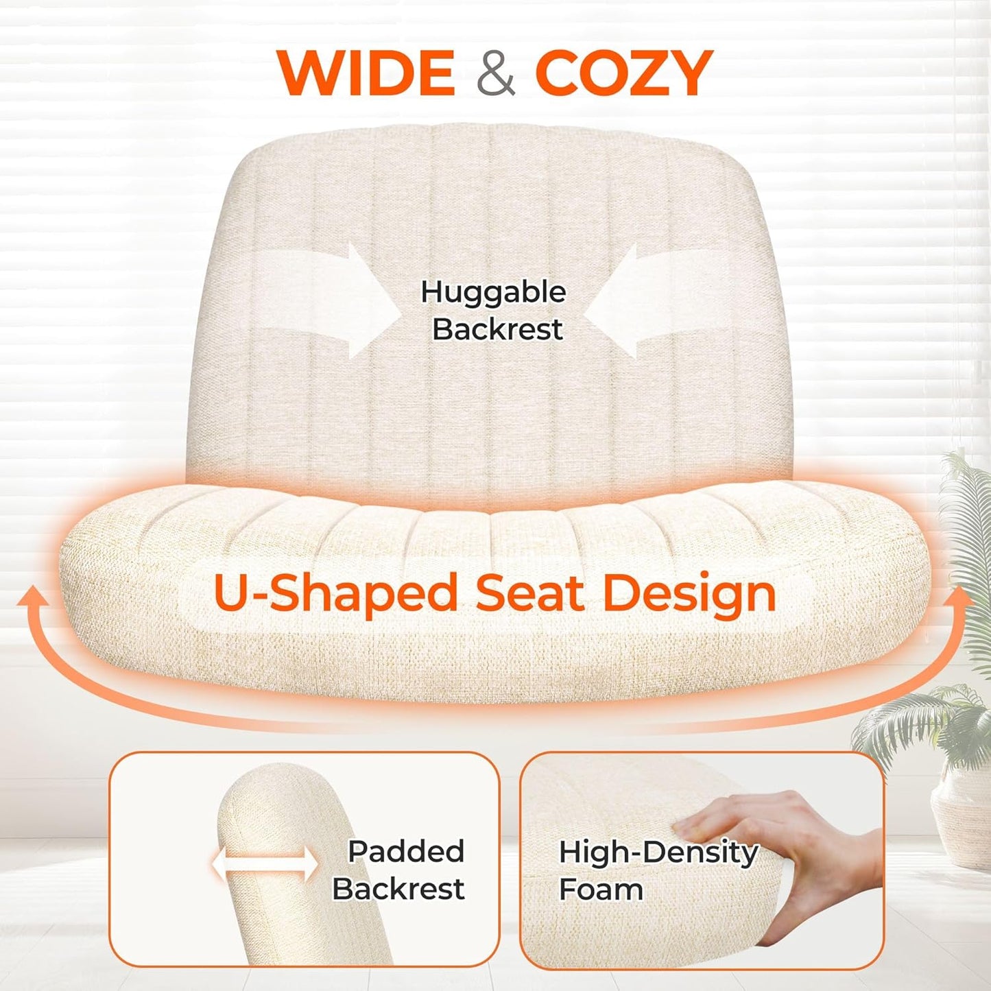 Chair Wheels Wide Cross Legged Office Desk Vanity Chair Comfy Fabric Armless Adjustable Swivel for Home Computer Task (Beige Wheel, Fabric)